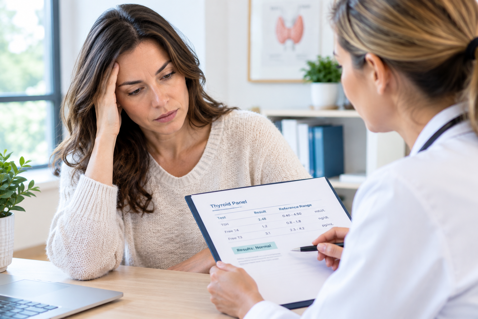Woman reviewing thyroid lab results that came back normal while still experiencing fatigue, Coral Springs functional medicine